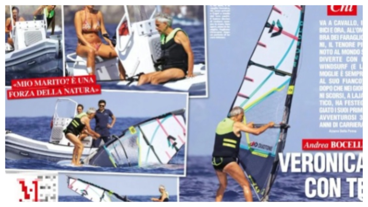 Andrea Bocelli alle prese con il windsurf: con lui c’è la moglie Veronica Berti